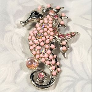 Pretty pink seahorse brooch silver tone